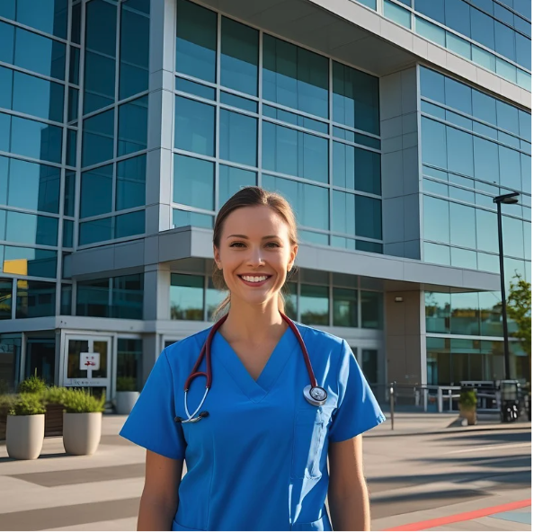 Healthcare staff  in front of the Hospital